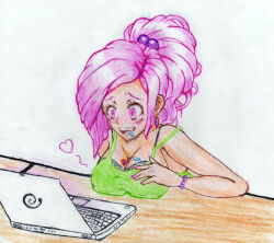  blush breasts cleavage computer crystal_(zko) curly_hair drool empty_eyes eshie female_only femsub happy_trance jewelry laptop large_breasts long_hair masturbation nail_polish open_mouth original pink_eyes pink_hair ponytail smile tech_control traditional 