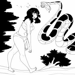  black_hair breasts disney femsub greyscale hypnofood hypnotic_eyes hypnotized_walking jungle_girl kaa large_breasts loincloth long_hair maledom midriff open_mouth original outdoors ring_eyes snake the_jungle_book tube_top 