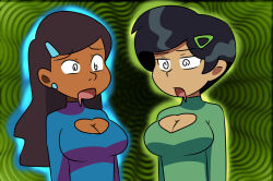 amphibia black_hair bodysuit brown_hair dark_skin disney drool earbuds female_only hair_ornament long_hair marcy_wu priya_(total_drama) qsky short_hair small_breasts spiral_eyes total_drama