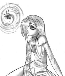 breasts choker expressionless fairy femsub greyscale hypnogoat666 hypnotic_creature kneeling large_breasts long_hair magic monochrome spiral spiral_eyes symbol_in_eyes traditional