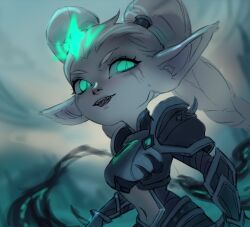 alternate_costume breasts clothed control_indicator corruption crown elf_ears eye_color_change femsub green_eyes hair_color_change league_of_legends looking_at_viewer maledom midriff navel pale_skin poppy_(league_of_legends) possession ruination slit_pupils smoke twintails vatheja viego_(league_of_legends) white_hair yordle