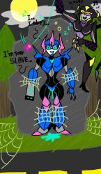 airachnid arcee breasts cyl4s drool female_only femdom femsub large_breasts open_mouth pendulum robot smile spider spiderweb spiral_eyes symbol_in_eyes text transformers transformers_prime urination