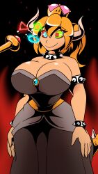 blonde_hair bowsette breasts cleavage crown dress female_only femsub happy_trance horns howling_mad_fox_hatter huge_breasts jewelry kaa_eyes long_hair magic magic_wand new_super_mario_bros._u_deluxe nintendo ping ponytail princess ring_eyes smile standing standing_at_attention super_crown super_mario_bros. tail transformation