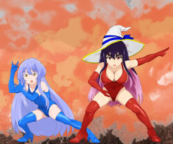 blue_hair haigure happy_trance hyuui_shumiyouaka large_breasts leotard long_hair purple_hair swimsuit teltina_liz_wagrel_alvarost the_red_ranger_becomes_an_adventurer_in_another_world witch_hat yihdra_arvoln
