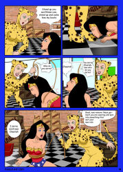  animal_ears black_hair blue_eyes boots cheetah cleavage clothed comic dc_comics female_only femdom femsub green_eyes high_heels kissing locofuria long_hair long_nails open_mouth super_hero text whip wonder_woman 