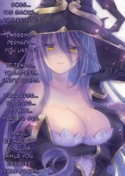  animated animated_gif bare_shoulders breasts cleavage femdom gloves goblin_slayer hat hypnotic_smoke large_breasts long_hair looking_at_viewer manip mole pov pov_sub purple_hair smile smoke soukuu_kizuna stroke_(manipper) text witch witch_(goblin_slayer) witch_hat yellow_eyes 