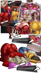  absurdres ann_takamaki ass aura blonde_hair breasts brown_hair cleavage closed_eyes clothed control_indicator english_text female_only femdom femsub from_behind hat huge_breasts large_ass lipstick long_hair marie_anto persona_(series) persona_5 pink_skin platinum_blonde_hair prostration red_lipstick sadayo_kawakami short_hair smile speech_bubble teacher text tomo86 twintails 