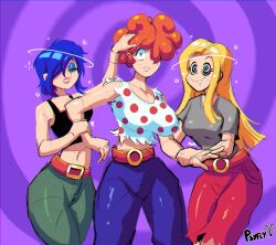  belt blonde_hair blue_hair bubble clothed collarbone crop_top ed_edd_n_eddy female_only femsub hair_covering_one_eye hand_on_head jeans lee_kanker long_hair marie_kanker may_kanker midriff multiple_girls multiple_subs psyfly red_hair restrained shirt short_hair shrunken_irises signature simple_background sparkle spiral spiral_background spiral_eyes spiralwash_eyes standing symbol_in_eyes tagme tank_top torn_clothes 