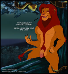  animal_ears balls dialogue disney furry haylothebun hypnovember jungle kaa lion_boy male_only maledom malesub night nude orange_eyes orange_hair outdoors penis red_hair simba smile snake tail text the_jungle_book the_lion_king trees yaoi yellow_eyes 