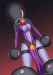 bondage breasts female_only femsub gradient_background hadant large_breasts mercy midriff overwatch purple_skin signature simple_background solo tech_control transformation watermark