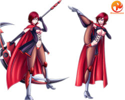 alternate_costume before_and_after clothed_exposure empty_eyes femsub happy_trance high_heels open_mouth pussy_juice red_hair reit ruby_rose rwby sex_toy short_hair tongue tongue_out underboob weapon