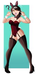  absurdres black_hair breasts bunny_ears bunny_girl bunnysuit cinder_fall cuffs double_v fake_animal_ears female_only femsub happy_trance high_heels large_breasts long_hair open_mouth rwby spiral_eyes symbol_in_eyes the_us_doctor tongue v 