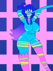  androgynous androgynous_dom arms_above_head blue_hair blue_skin breasts corruption damekanpig deltarune femsub large_breasts multicolored_hair original ponytail purple_hair tagme thighs werewire yumika_kabushiri_(damekanpig) 