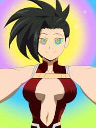  black_hair breasts female_only kaa_eyes large_breasts looking_at_viewer momo_yaoyorozu my_hero_academia ponytail pov pov_sub ring_eyes smile solo super_hero syas-nomis 