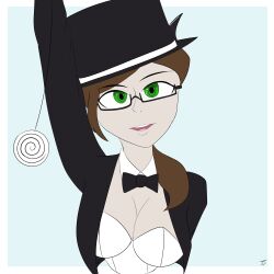  absurdres bow_tie brown_hair cleavage cosplay demon_girl doc_lovelace_(the_us_doctor) female_only femdom glasses green_eyes horns magician monster_girl open_mouth original pendulum ponytail signature simple_background solo stage_hypnosis tagme the_us_doctor top_hat white_background 