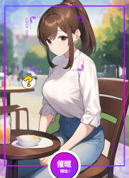  aware brown_hair clothed confused female_only hypnotic_accessory hypnotic_app jeans phone pikumario 