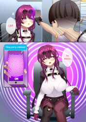 absurdres brown_hair chair comic dialogue drool english_text femsub glowing_eyes heavy_eyelids honkai_star_rail hypnotic_screen kafka_(honkai_star_rail) large_breasts maledom newgirugamon phone purple_eyes purple_hair speech_bubble spiral symbol_in_eyes tech_control text unfocused_eyes 