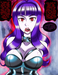 absurdres blood breasts cleavage corruption fangs female_only femsub large_breasts long_hair open_mouth original purple_hair red_eyes text vampire zorro-zero