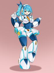 absurdres armor blue_eyes blue_hair boots breasts bzurrrf capcom female_only femdom glowing glowing_eyes headphones large_breasts megaman_(series) megaman_x_(series) open_mouth pendulum ponytail rico_(megaman_x_dive) robot robot_girl short_hair tie