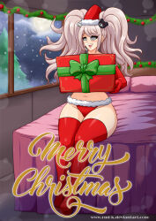 absurdres bed blush christmas complex_background dangan_ronpa drool english_text eyebrows_visible_through_hair female_only femsub gift gloves happy_trance high_heels junko_enoshima long_hair midriff navel open_mouth opera_gloves panties pillow rud-k santa_costume santa_hat signature sitting smile solo spiralwash_eyes text thigh_boots twintails