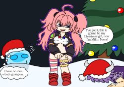 ahoge aura blue_eyes breasts character_request christmas christmas_tree confused eye_color_change femsub hat horns lying maledom midriff milim_nava night non-binary pink_hair possession purple_eyes pursborg rimuru_tempest slime snow standing symbol text that_time_i_got_reincarnated_as_a_slime thought_bubble trees