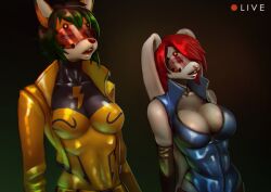  absurdres bodysuit breasts bunny_girl cleavage cup4eney female_only fox_girl furry gloves green_hair large_breasts latex open_mouth opera_gloves original red_hair short_hair standing standing_at_attention super_hero tech_control text visor zyla_(zylogaroh) 