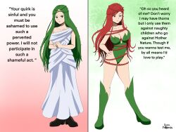  bare_legs batman_(series) before_and_after black_eyes breasts clothed costume dc_comics dialogue english_text eye_color_change female_only femsub green_hair hair_color_change hand_on_hip ibara_shiozaki identity_swap large_breasts leotard my_hero_academia poison_ivy red_eyes red_hair standing super_hero syas-nomis text thighs toga transformation 