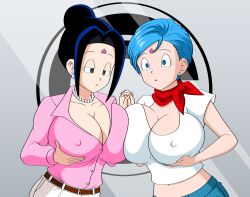 absurdres breast_grab breast_press breasts bulma_briefs chichi cleavage dragon_ball empty_eyes expressionless femsub holding_breasts holding_hands huge_breasts hypnotic_accessory jimryu microchip milf symmetrical_docking tech_control