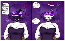  before_and_after dialogue femsub large_breasts murder_drones purple_hair robot robot_girl shellstro short_hair tech_control text uzi_doorman visor 