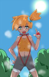  blush body_paint breasts female_only femsub heart heart_eyes large_breasts midriff misty navel nintendo open_mouth outdoors pokeball pokemon pokemon_(anime) side_ponytail small_breasts solo suspenders sweat symbol_in_eyes t=k unaware 