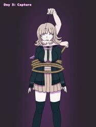 bondage chiaki_nanami clothed dangan_ronpa eye_roll female_only femsub hoodie pendulum pink_eyes short_hair skirt