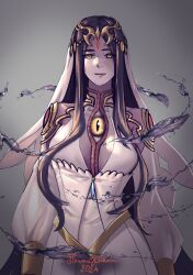 alternate_costume anankos_(fire_emblem) breasts cleavage corruption crystal dress english_text facial_markings femsub fire_emblem fire_emblem_fates fire_emblem_heroes flowersofsakura flowerya_(flowersofsakura) glowing glowing_eyes green_eyes kiran_(fire_emblem) long_hair looking_at_viewer maledom nintendo original possession red_eyes slit_pupils text veil yellow_sclera