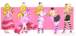  ass ass_expansion bent_over black_eyes blonde_hair blue_eyes blush border breast_expansion breasts cleavage crown dazed doll dress drill_hair empty_eyes eye_color_change female_only femsub hair_ornament hat high_heels large_ass large_breasts long_hair looking_back original pink_background princess princess_caelia_(kachopper9) ribbon royalty shoes shorts signature simple_background socks solo sparkle thegxjudgement thighhighs tight_clothing transformation twintails watermark 