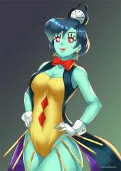 blue_hair blue_skin breasts cleavage clock corruption earrings female_only gradient_background hadant jewelry large_breasts leotard lipstick makeup red_eyes sailor_mercury sailor_moon_(series) short_hair signature simple_background solo tight_clothing watermark