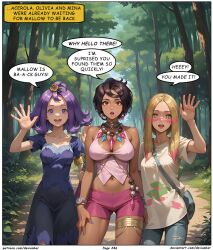 acerola_(pokemon) ai_art black_hair blonde_hair dark_skin devianbar dialogue large_breasts mina_(pokemon) nintendo olivia_(pokemon) pokemon purple_hair short_hair text