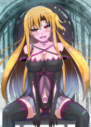  alternate_costume alternate_hair_color asuna babydoll blonde_hair blush breath chair choker cleavage crotch_tattoo female_only femsub gloves glowing_eyes happy_trance high_heels large_breasts leotard long_hair nalumille_draw navel open_mouth opera_gloves red_eyes side_ponytail sitting solo spread_legs sword_art_online tattoo thighhighs watermark 