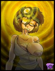 absurdres alien all_the_way_through bra brain_injection breasts brown_hair collarbone dc_comics dizzytube drool femsub glowing_eyes heavy_eyelids hypnotic_eyes large_breasts nipples open_mouth parasite signature spiral spiral_background spiral_eyes starro symbol_in_eyes tank_top tentacles tongue tongue_out unfocused_eyes yellow_eyes