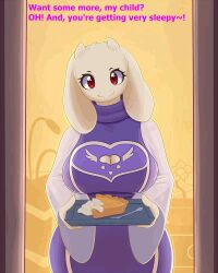  animated animated_gif breasts fangs female_only femdom food furry glowing glowing_eyes goat_girl hypnotic_eyes joyfulinsanity large_breasts looking_at_viewer manip pov pov_sub red_eyes smile text toriel_dreemurr undertale waverun_(manipper) 