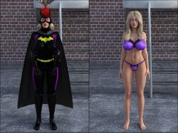  3d batgirl batman_(series) before_and_after blonde_hair dc_comics femsub lingerie necklace spiral_eyes standing_at_attention stephanie_brown theheckle 