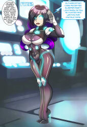  absurdres blue_eyes bodysuit breasts brown_hair clothed dialogue expressionless female_only femsub glowing glowing_eyes high_heels hourglass_figure large_breasts long_hair midnight_alvion_(oriana_anima) multicolored_hair original ping purple_hair saluting solo speech_bubble standing standing_at_attention text tight_clothing trigger whitewash_eyes zorro-zero 