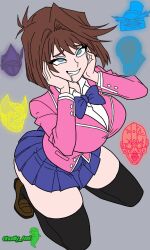 aura blue_eyes breasts brown_hair character_request clothed drool empty_eyes female_only femsub ghostly_axel glowing glowing_eyes grey_background hand_on_head happy_trance hat huge_breasts kneeling large_breasts maledom multiple_possessors nightmare_penguin possession ribbon school_uniform shoes short_hair simple_background skirt smile tea_gardner thick_thighs thighhighs thighs yu-gi-oh!