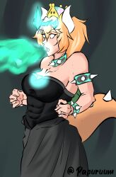  bare_shoulders blonde_hair bowser bowsette bracelet breasts cleavage corruption crossover crystal dress elf_ears femsub genderswap glowing green_background horns jewelry league_of_legends maledom new_super_mario_bros._u_deluxe nintendo open_mouth papuruum possession royalty ruination super_crown super_mario_bros. tail viego_(league_of_legends) 