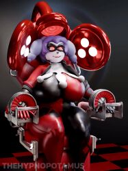 animated_gif ayuko_(jcroth) batman_(series) clown clown_girl clownification corruption cosplay dc_comics drool furry goat_girl harley_quinn horns indeedee large_breasts latex mask nintendo open_mouth original pokemon pokemon_(creature) purple_hair restrained short_hair sitting smile spiral_eyes swaying symbol_in_eyes tech_control thehypnopotamus