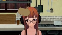 dazed female_only femsub futaba_sakura glasses happy_trance headphones long_hair orange_hair pendulum persona_5 solo spiral_eyes vynil