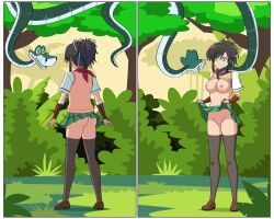 ass asuka_(senran_kagura) bare_breasts brown_hair disney femsub hair_ribbon happy_trance jimryu jungle kaa kaa_eyes large_ass large_breasts maledom nipples no_bra no_panties ponytail pussy school_uniform senran_kagura shirt_lift shoes skirt skirt_lift smile snake standing the_jungle_book thighhighs thighs trees