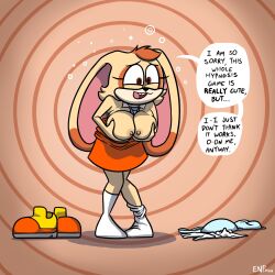  breast_grab breasts brown_eyes bubble bunny_girl cleavage cream_the_rabbit dialogue dress female_only femsub furry holding_breasts large_breasts leaning_forward nipples open_mouth orange_background simple_background sneakers socks solo sonic_the_hedgehog_(series) speech_bubble spiral_background spiral_eyes standing text theenfman tie unaware undressing 