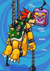 bondage bowser chains drool hat hypnotic_eyes hypnotic_screen lalzimsooodrunkrightnow male_only maledom malesub nintendo non-human_feet open_mouth red_hair ring_eyes short_hair super_mario_bros. tail tech_control text turtle_boy wario