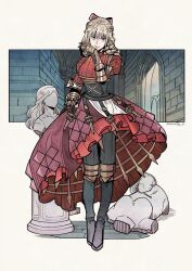  alternate_costume blonde_hair border clothed corset dress drill_hair eye_color_change eyebrows_visible_through_hair femsub gauntlets gloves green_eyes hair_ornament hair_ribbon herheim looking_at_viewer norbelle_(unicorn_overlord) possession ribbon scarlett_(unicorn_overlord) shoes slit_pupils smile spoilers standing statue unicorn_overlord 