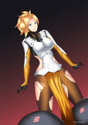 blonde_hair bondage breasts femsub haryudanto large_breasts mercy overwatch short_hair tech_control torn_clothes