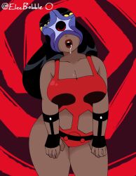  bare_legs big_barda black_hair bracers cleavage collarbone dark_skin dc_comics drool elecbabble female_only femsub headdress jewelry large_breasts lipstick long_hair open_mouth parasite spiral_background standing starro super_hero thick_thighs thighs 